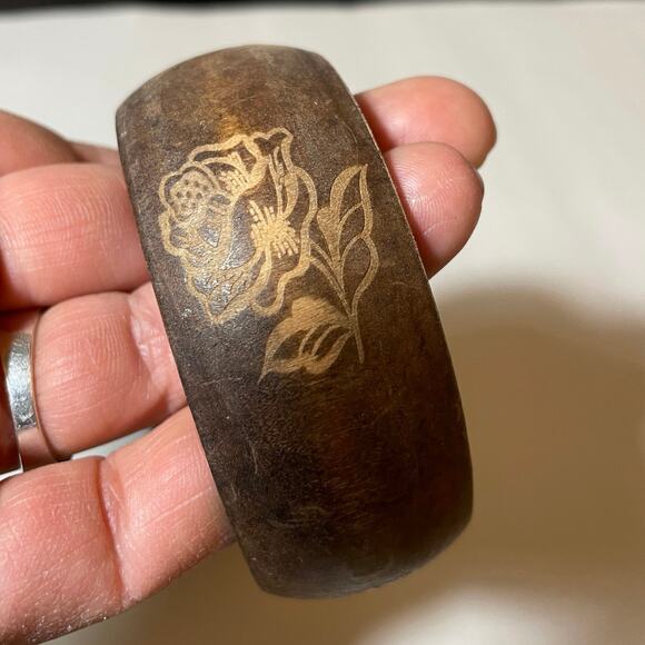 Artisan Boho Wooden Bangle Bracelets Brown Black Carved Stacked - Picture 4 of 6